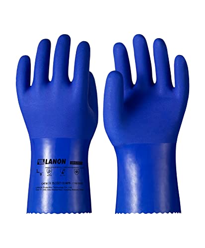 LANON PVC Coated Chemical Resistant Gloves, Reusable Heavy Duty Work Gloves, Acid, Alkali & Oil Protection, Non-Slip, Large