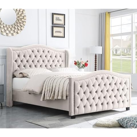Leadtimes Beige Velvet Bed Frame Queen Size Upholstered Platform with Tufted Button Wingback Headboard Durable and Luxurious Cover