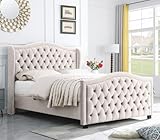Leadtimes Beige Velvet Bed Frame Upholstered Platform with Tufted Button Wingback Headboard Durable and Luxurious Queen Size