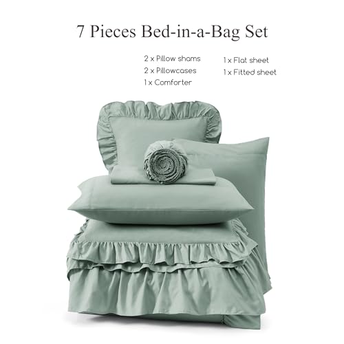 Image of Full Size Comforter Set Sage Green Ruffle 7 Pieces Farmhouse Bed in a Bag | Shabby Chic Fluffy All Season Bedding Sets with Sheets, Pillowcases & Shams