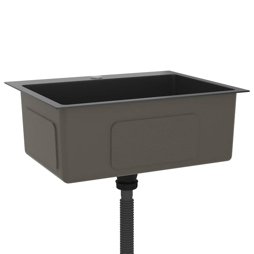 Lavello da incasso fatto a mano, in acciaio inox, nero, con foro per rubinetto, fonoassorbente, 59 x 44 x 20 cm, sottostruttura e installazione, scarico rapido dell'acqua, resistente alla