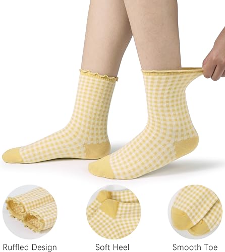 BomKinta Checkered Ruffle Socks Women - Cute Plaid Frilly Sock - Casual Crew Cotton Socks Size 5-94