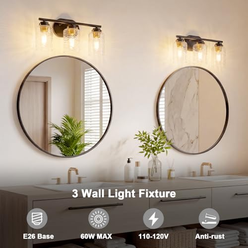 Image of 3-Light Bathroom Light Fixtures, 18 Inches Black Gold Vanity Light | Thick Water Ripple Clear Glass, Bathroom Wall Lamp for Mirror, Rust-Proof, Up /Down Mount, ETL Certified, E26 Ceramic Sockets