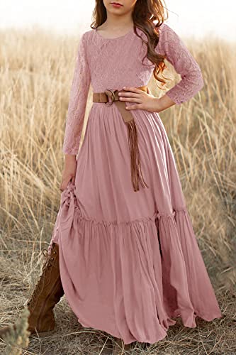 Image of MITILLY Girls Lace Flower Ruffle Sleeve A-Line Swing Wedding Party Maxi Dress with Pockets