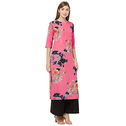 Image of GoSriKi Women's Pink Crepe Straight Calf Length Ethnic Printed Kurti(KRISH-65541 Pink)