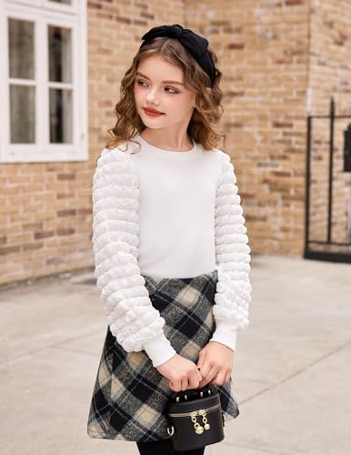 Image of Arshiner Girls Puff Long Sleeve Shirts Ribbed Knit Cute Casual Crewneck Tops Blouse Tee