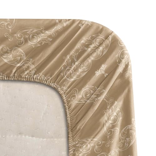 Image of BLISSHOME Everlast 150TC King Size Fitted Bedsheet with 2 Pillow Covers, Aesthetic Bedding, Wrinkle Resistant, 100+ Wash Durable, Quick Dry, Elegant Ornate Pattern - Beige (183cm x 198cm + 25cm Drop)