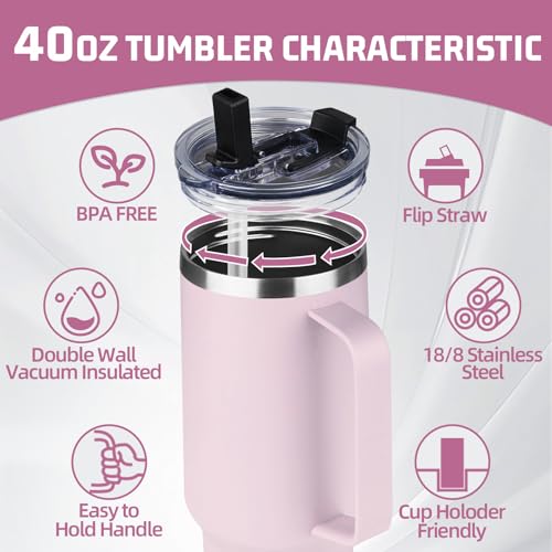 Image of 40 oz Tumbler with Handle and Flip Straw, 100% Leakproof Insulated Tumbler with Lid and Straw, Stainless Steel Travel Coffee Mug, Insulated Coffee Thermal Cup for Cold and Hot (Light Purple)