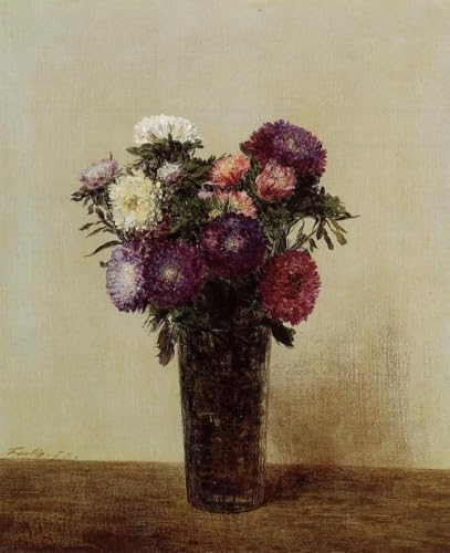 Vase de fleurs Reines Marguerites : huile sur toile peinte à la main par nos maîtres