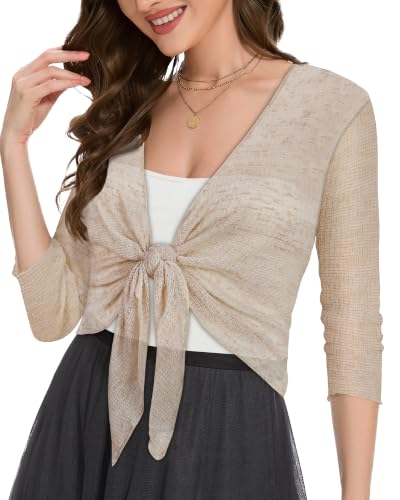 Image of Women Crop Cardigan Sheer Mesh Bolero Shrug for Dress Tie Front 3 /4 Sleeve Tops