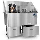 KANIS Professional Stainless Steel Dog Bathing Station - Grooming Tub w/Ramp, Storage Drawer, Floor Grate & Faucet/Dog Bathtub for Large, Medium & Small Pets (50", 2 Drawers - Left RAMP)