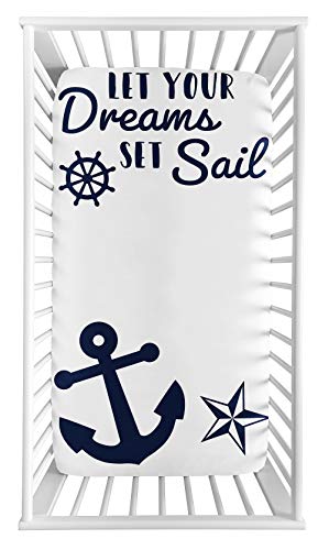 Image of Sweet Jojo Designs Navy Blue White Anchors Boy Girl Fitted Crib Sheet Baby Toddler Bed Nursery Photo Op - Nautical Theme Ocean Sailboat Sea Marine Sailor Anchor Dreams Set Sail Unisex Gender Neutral
