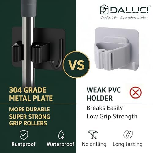 Image of DALUCI Adhesive Broom Holder Wall Mounted - Stainless Steel Mop Holder for Wall Without Drilling | Waterproof & Rustproof Broom Stick Holder Hook for Home, Bathroom & Kitchen (Black, 5 Pcs)