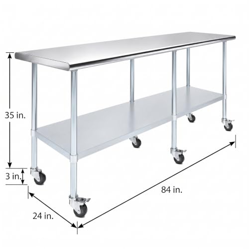 Image of AmGood 84 inch Long x 24 inch Deep Stainless Steel Table with Casters