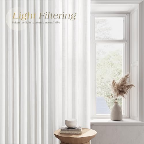 Image of White Linen Curtains 96 Inches Long for Living Room Sliding Glass Door Light Filtering Privacy Thick Sheer Curtain Modern Elegant Cotton Textured Grommet Gauze Window Drapes 2 Panels Set,52x96 8 FT
