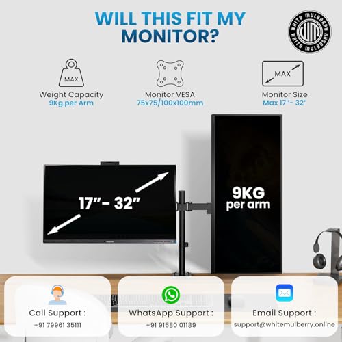 Image of White Mulberry |DIY| Height Adjustable Monitor Arm | Desk Mounted Monitor Stand for 17-32 Inch Monitor | 10Kg Screen Load | VESA 75X75 & 100X100 | Adjustable Metal Desk Mount - (Dual Screen)