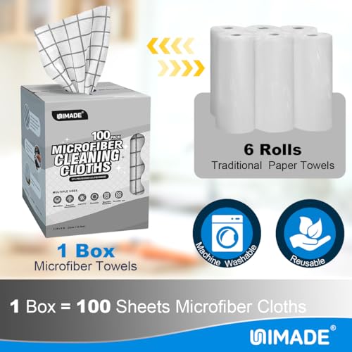 Image of UNIMADE Microfiber Cleaning Cloths, 100 Sheets Kitchen Towels & Dish Cloths | Reusable Lint-Free Absorbent Cleaning Rags, Bulk Kitchen Cleaning Cloths for Household & Restaurant, 11 inch x 9 inch, Grid Pattern