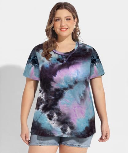 Image of CARCOS Plus Size Tops for Women Short Sleeve Shirt Summer Star /Leopard /Tie Dye /Flower Crewneck Pullover Tunic XL-5XL