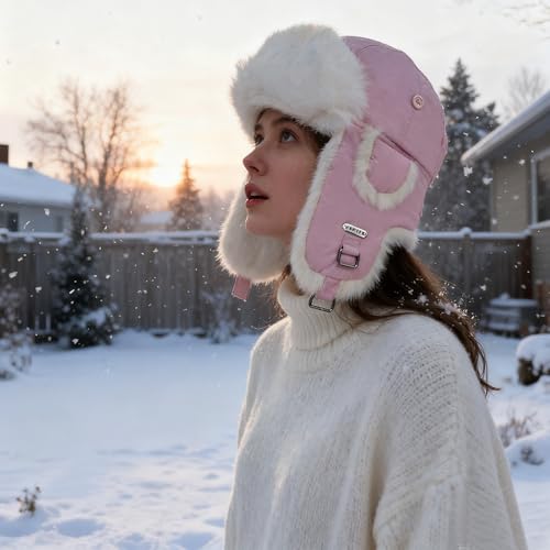 Image of Winter Trapper Hat for Men Women Warm Soft Russian Ushanka Hat Real Rabbit Fur Aviator Bomber Hats Winter Hats with Ear Flaps