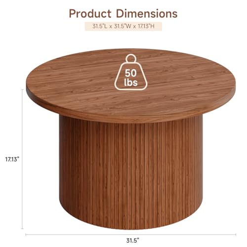 Image of Wooden Coffee Table for Living Room | Modern Fluted Drum Center Table with Wood Grain Finish | Walnut Brown