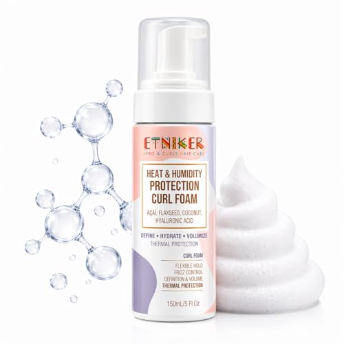 ETNIKER Heat & Humidity Protection Curl Foam. Flaxseed & Hyaluronic Acid Curl Mousse for Curly & Wavy Hair. Anti-Frizz Curl Defining Styling Foam, Lightweight Hold. Alcohol & Silicone Free. 5 oz
