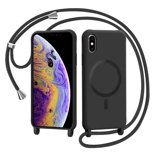 AOMYKE Handyband für iPhone X/iPhone XS Hülle mit Band Magnetisch Handyhülle kompatibel mit Magsafe zum Umhängen Schutzhülle mit Kette Kordel Weich TPU Liquid Silikon CaseSchwarz
