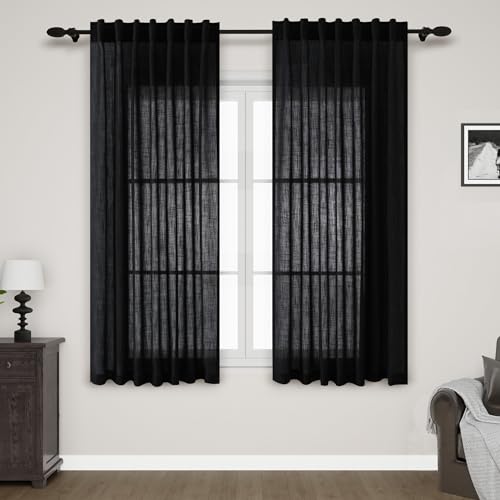 Image of Nanspring Black Linen Textured Curtains for Living Room 60 Inches Long 2 Panels Set Back Tab Rod Pocket for Bedroom Kitchen Short Semi Sheer Light Filtering Protect Privacy Window Drapes W52xL60