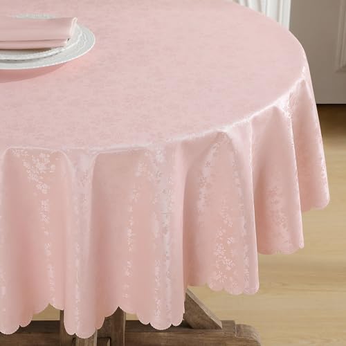 Romanstile nappe rose ronde Diamètre de 160 cm Toile cirée 350GSM Linge de table imperméable décoration pour anniversaire de fille, fête, Noël, mariage,...