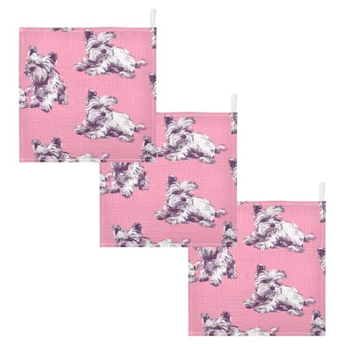 Image of Dog Pattern Pink Baby Washcloths - 3 Pack Muslin Cotton Face Towels for Baby Newborn Girls and Boys - Soft and Absorbent - 11.8 Inch