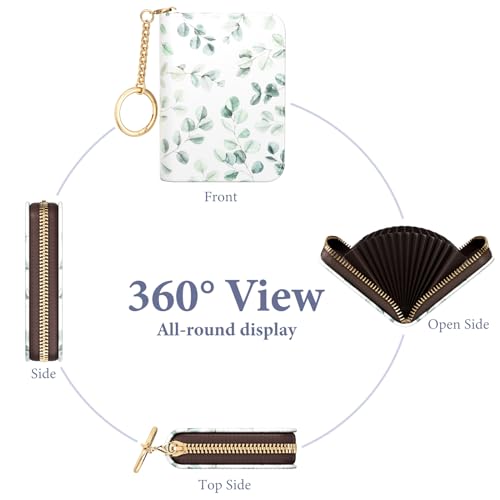 Image of Credit Card Holder RFID Wallet for Women, Small Leather Card Organizer Case with Zipper and Keychain, Leaf