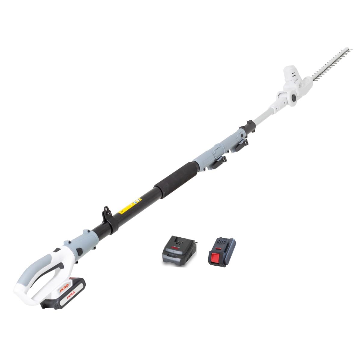 Ikra - Tamaño de seto inalámbrico, 20 V, hoja de 40 cm, batería de litio de 2,0 Ah + cargador de 20 V, palo telescópico hasta 4 m
