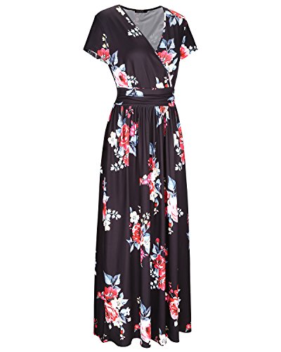 OUGES Women's V-Neck Pattern Pocket Maxi Long Dress(Floral-6,XL)