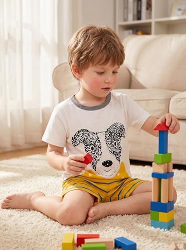 Image of Little Boys Short Set Pajamas for Boys 100% Cotton Toddle Firetruck Dinosaur Sleepwear Summer Clothes Size 2-7T
