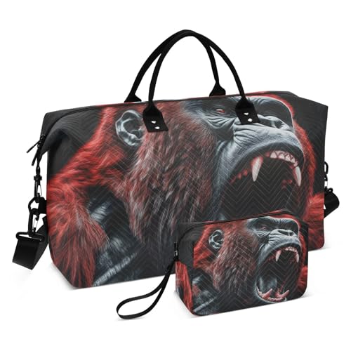 Large Travel Duffel Bag, Red Black Gorilla Sport Tote Gym Bag, Shoulder Weekender Overnight Bag for Women Men, Carry On Luggage with Toiletry Bag