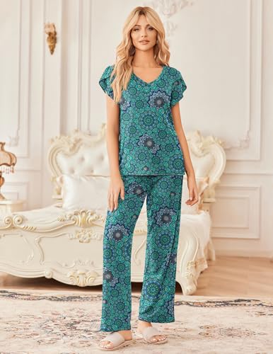 Image of Ekouaer 2 Pack Womens Pajamas Short Sleeve Sleepwear Top with Pants Super-Soft Printed Lounge Sets S-XXL