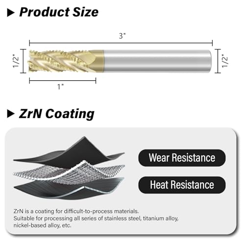 Image of 1 /2 inch Roughing End Mill 4 Flute Tungsten Carbide Milling Cutter Bits | ZrN Coating, for Alloy Steels, Hardened Steels