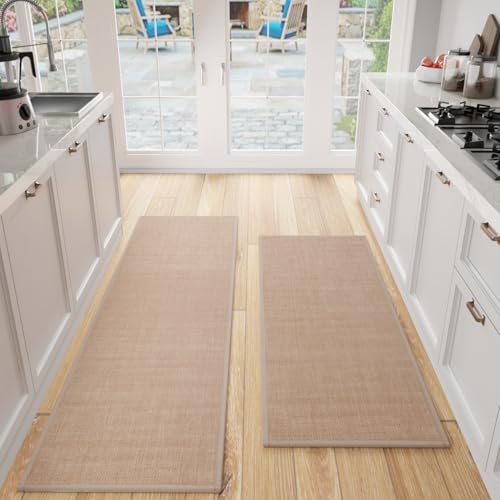 SUMLANS Kitchen Mat Set of 2 PCS, Cushioned Non Slip Rugs for Kitchen Floor, Absorbent Runner Comfort Standing Mats Washable for Kitchen, Office, Home (Camel, 17.3