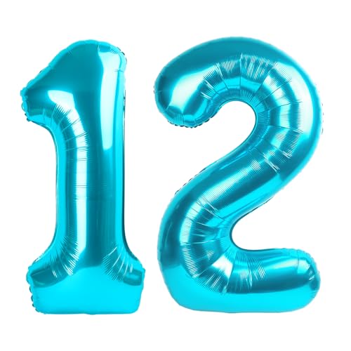 Image of Number Balloons 12 Balloon 40 inch Light Blue for 12 21 Birthday Decoration | Saturated Color, Large 40 in, With Inflation Straw & Hanging Hole, Great for Men's Party, Back-To-School Season, Pool Party