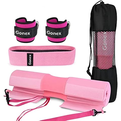 Gonex Barbell Pad Set for Squats Hip Thrusts UPGRADED Bar Neck Pads Workout Foam Weightlifting Cushion with 2 Gym Ankle Straps Hip Resistance Band Fits Standard Olympic Bars with a Carry Bag Cover