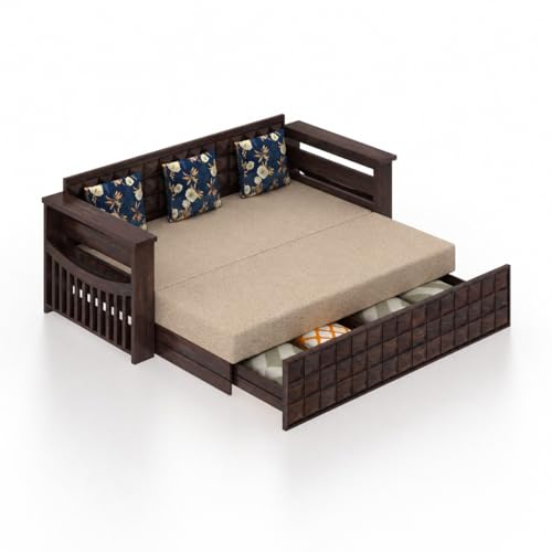 Image of Ganpati Arts Solid Sheesham Wood Diamond 3 Seater Sofa Cum Bed with Storage and Side Pockets for Living Room Wooden Furniture Sofa Bed for Home - Walnut Finish 1 Year Warranty, Beige, 3-Person Sofa