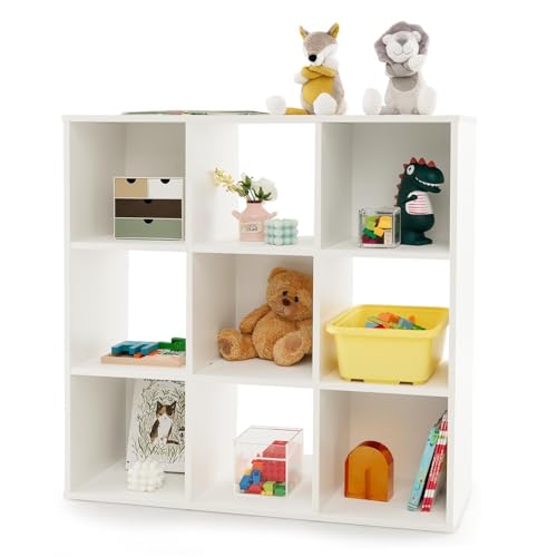 KOTEK 9 Cube Toy Storage Organizer, 3-Tier Wooden Storage Shelf for Books Toys, White Classroom Furniture, Kids Bookshelf for Kids Room, Playroom, Nursery, Bedroom, Living Room
