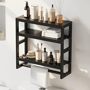 Furshus Bathroom Organizer Shelves 3 Tiers Floating Shelf with Hanging Bar Over The Toilet Storage Bathroom Wall Shelf-Adjustable Wall Bathroom Organizer (Black)