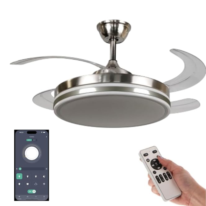 VENTILADOR TECHO LED APP MOVIL FACIL MONTAJE TECHO DC LED ATENUABLE RETRACTIL 4 ASPAS - Opción Sin Pitido, Temporizador, Invierno Verano, 3 Tonos, Modo Brisa, Bajo consumo (Níquel, 107D)