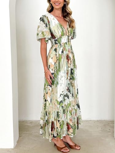 Image of Flessibili Womens Short Sleeve Floral Maxi Dresses 2026 Spring Wedding Guest Party Summer Dress Green Abstract X-Large