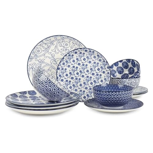 DYHWAC Juegos de vajilla de cerámica de 12 Piezas, Platos y tazones, Servicio for 4 Platos de Cena, Ensalada y Postre
