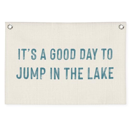 MOFUYU Lake House Decor Canvas Banner - Motivational It's a Good Day to Jump in the Lake Wall Art - Funny Coastal Beach Wall Hanging for Kids' Rooms Playrooms Nursery Living Room 20x30