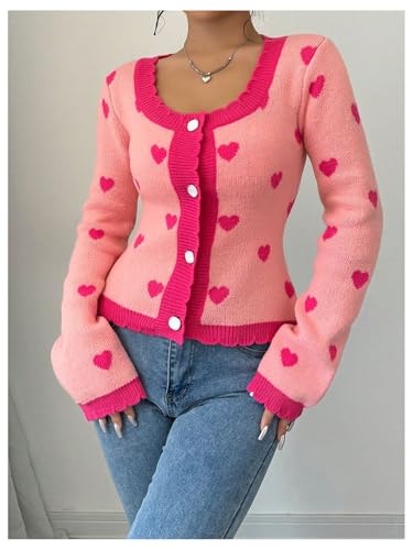 Floerns Women's Cute Long Sleeve Ribbed Heart Cardigan Sweater Scoop Neck Pullover4