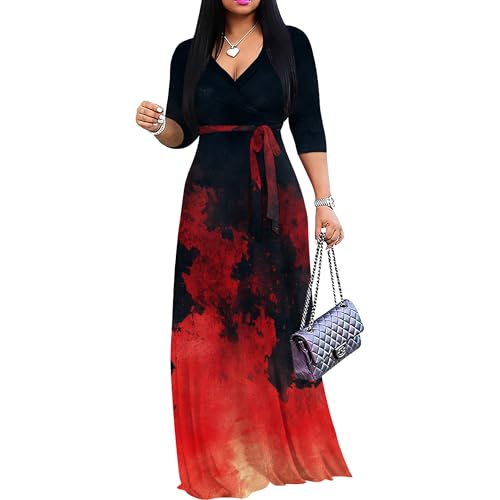 Image of PinkPatty Women's Print Maxi Dresses 3 /4 Sleeve Flowy Long Dress V Neck Wrap Tie Waist Sundress