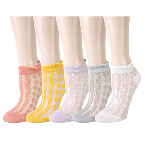 Women Girls Nylon Socks Lace Sheer Socks Ultrathin Novelty Nylon Mesh Socks Transparent See Through Ruffle Thin Ankle Socks Gift, Colorful Floral-5 Pair #TOP1