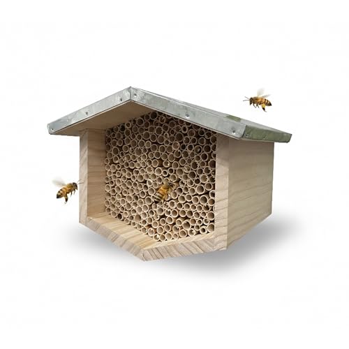 Relaxdays Bienenhotel, Holz, wetterfestes Metalldach, Schilfröhrchen, Garten, Insektenhotel zum Aufhängen, Natur/Silber